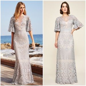 TADASHI SHOJI Malina Flutter Sleeve Lace Gown - Pewter Petal